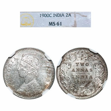 Victoria Empress, Silver, 2 Annas, 1900, Calcutta Mint, B/II, 'C' incused. F. Prid 514. GK
