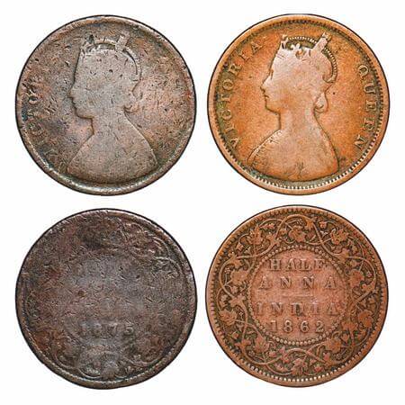 Victoria Queen, Copper, Half Anna, (2 coins), Calcutta Mint, 1) 1862, A/II, Pineapple like