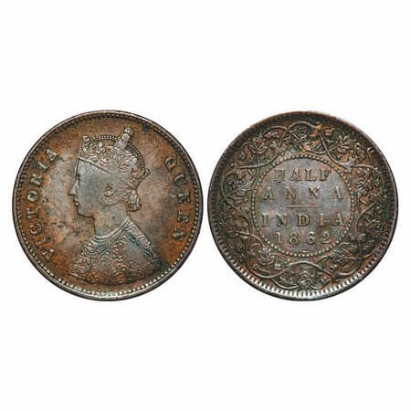 Victoria Queen, Copper, Half Anna, 1862, Calcutta Mint, B/II. F. Prid 581. GK 388. About E