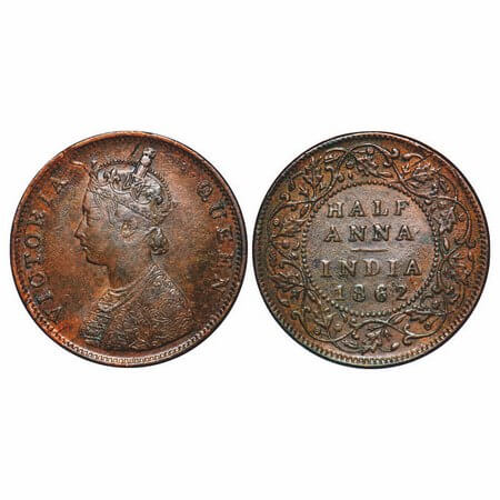 Victoria Queen, Copper, Half Anna, 1862, Madras Mint, A/I(i), Die cracks on Obv and Rev, I