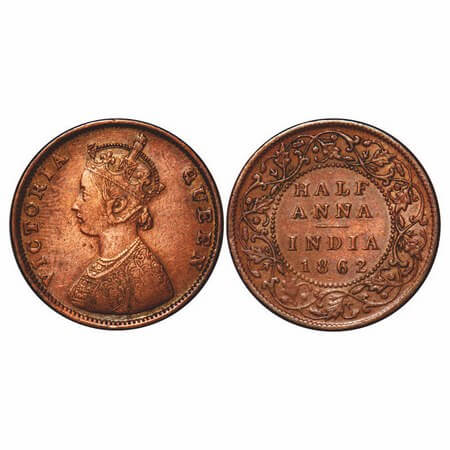 Victoria Queen, Copper, Half Anna, 1862, Madras Mint, A/I(i), Flowers with 5 dots around a