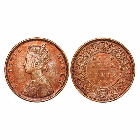 Victoria Queen, Copper, Half Anna, 1862, Madras Mint, A/I(i), Flowers with 5 dots around a