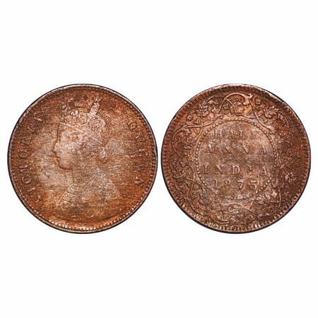 Victoria Queen, Copper, Half Anna, 1875, Calcutta Mint, B/II. F. Prid 583. GK 818. Fine+. 