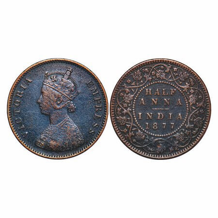 Victoria Empress, Copper, Half Anna, 1877, Bombay Mint, B/II. F. Prid 586. GK 820. Very Fi