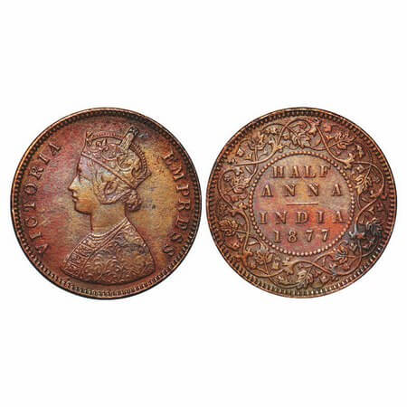 Victoria Empress, Copper, Half Anna, 1877, Bombay Mint, B/II, Flat numeral top 1. F. Prid 