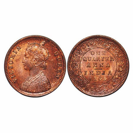 Victoria Queen, Copper, Quarter Anna, 1862, Calcutta Mint, A/I, No mint mark, No privy mar