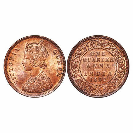 Victoria Queen, Copper, Quarter Anna, 1862, Bombay Mint, A/I, Tiny 'V' incused, No mint ma