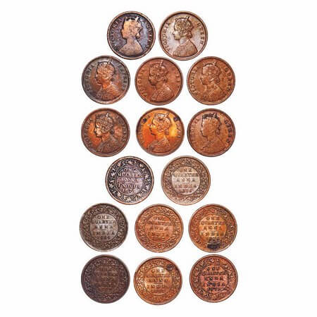 Victoria Queen & Empress, Copper, Quarter Anna, (lot of 8 coins), 1862, 1874, 1875, 1876, 