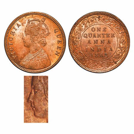Victoria Queen, Copper, Quarter Anna, 1862, Madras Mint, A/I, No mint mark, No privy mark,