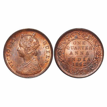 Victoria Queen, Copper, Quarter Anna, 1862, Madras Mint, A/I, No mint mark, No privy mark,