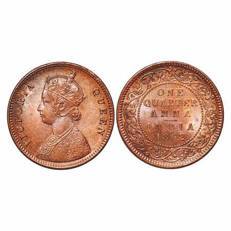 Victoria Queen, Copper, Quarter Anna, 1862, Madras Mint, A/I, No mint mark, No privy mark,