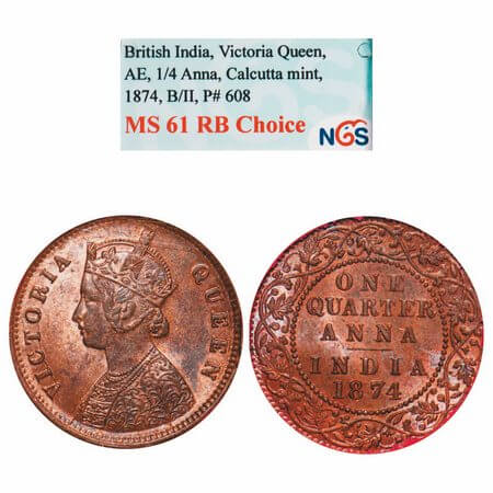 Victoria Queen, Copper, Quarter Anna, 1874, Calcutta Mint, B/II, No mint mark. NGS Slab MS