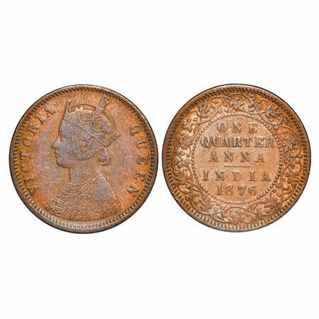 Victoria Queen, Copper, Quarter Anna, 1876, Calcutta Mint, B/II, No mint mark. F. Prid 610