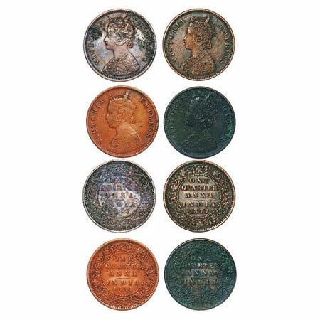 Victoria Queen & Empress, Copper, Quarter Anna, (4 coins), 1) 1876, Calcutta mint, B/II, N