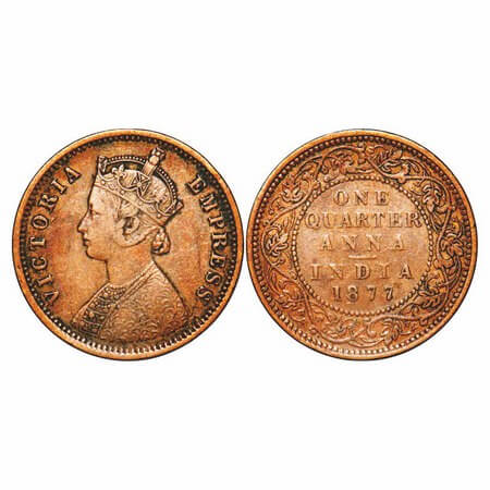 Victoria Empress, Copper, Quarter Anna, 1877, Bombay Mint, B/I, No mint mark. F. Prid 637.