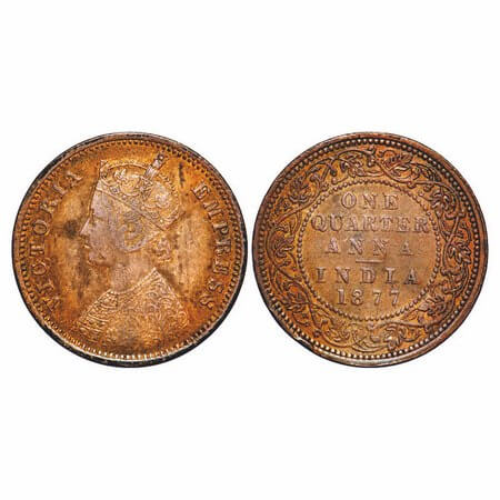 Victoria Empress, Copper, Quarter Anna, 1877, Bombay Mint, B/I, No mint mark. F. Prid 637.
