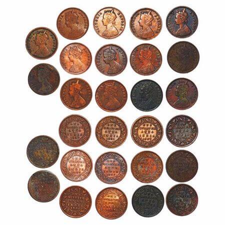 Victoria Empress, Copper, Quarter Anna, ( lot of 14 coins), 1877, 1879(2), 1882, 1884, 188