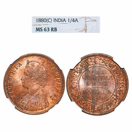 Victoria Empress, Copper, Quarter Anna, 1880, Calcutta Mint, B/II, No mint mark. F. Prid U