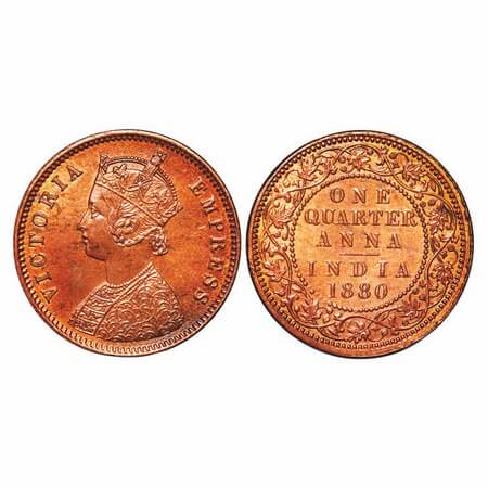 Victoria Empress, Copper, Quarter Anna, 1880, Calcutta Mint, B/II, 'C' incused. F. Prid 61