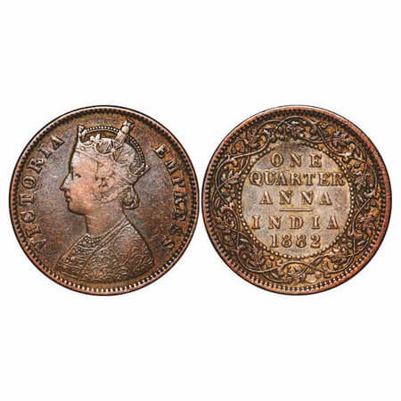 Victoria Empress, Copper, Quarter Anna, 1882, Bombay Mint, B/I, No mint mark. F. Prid 638.