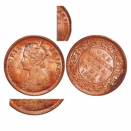 Victoria Empress, Copper, Quarter Anna, 1882, Calcutta Mint, B/II, 'C' incused, Multiple d