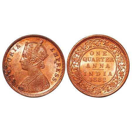 Victoria Empress, Copper, Quarter Anna, 1882, Calcutta Mint, B/II, 'C' incused. F. Prid 61