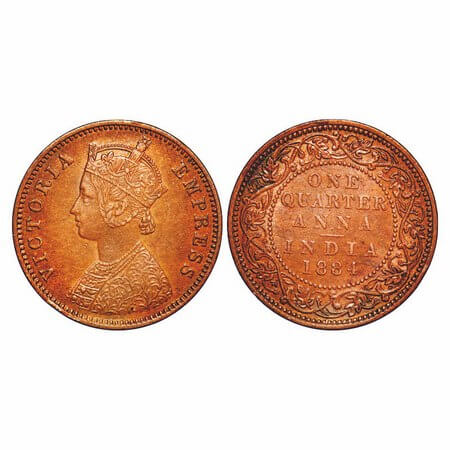 Victoria Empress, Copper, Quarter Anna, 1884, Bombay Mint, B/I, No mint mark. F. Prid 640.