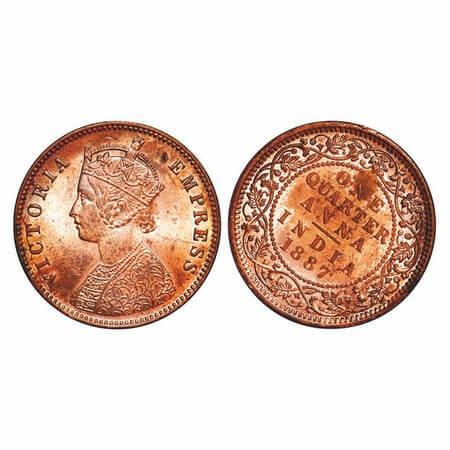 Victoria Empress, Copper, Quarter Anna, 1887, Calcutta Mint, B/II,'C' incused, Ghost on Re