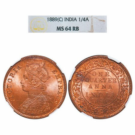 Victoria Empress, Copper, Quarter Anna, 1889, Calcutta Mint, B/II, No mint mark. F. Prid 6