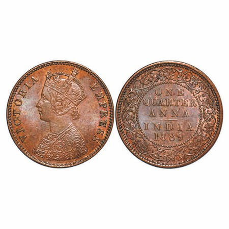 Victoria Empress, Copper, Quarter Anna, 1889, Calcutta Mint, B/I, No mint mark. F. Prid 64