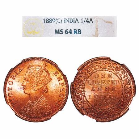 Victoria Empress, Copper, Quarter Anna, 1889, Calcutta Mint, B/II, No mint mark. F. Prid 6
