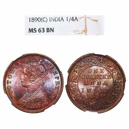 Victoria Empress, Copper, Quarter Anna, 1890, Calcutta Mint, B/II, No mint mark. F. Prid 6