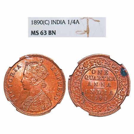 Victoria Empress, Copper, Quarter Anna, 1890, Calcutta Mint, B/II, No mint mark. F. Prid 6