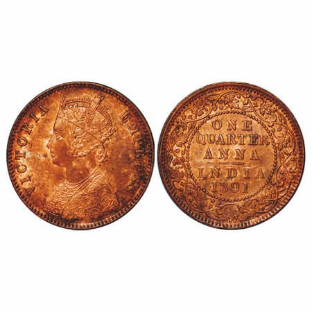 Victoria Empress, Copper, Quarter Anna, 1891, Calcutta Mint, B/II, No mint mark, Ghost on 