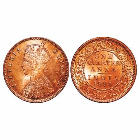 Victoria Empress, Copper, Quarter Anna, 1893, Calcutta Mint, B/II, No mint mark, Die crack