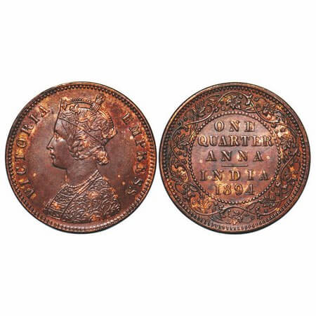 Victoria Empress, Copper, Quarter Anna, 1894, Calcutta Mint, B/II, No mint mark, Upper str