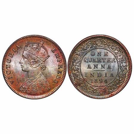Victoria Empress, Copper, Quarter Anna, 1894, Calcutta Mint, B/II, No mint mark, Die crack