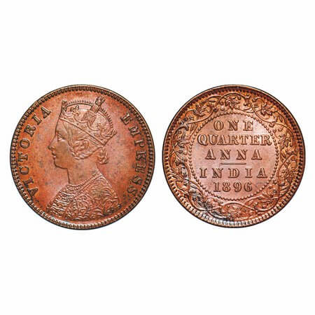 Victoria Empress, Copper, Quarter Anna, 1896, Calcutta Mint, B/II, No mint mark, Ghost on 