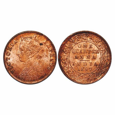 Victoria Empress, Copper, Quarter Anna, 1897, Calcutta Mint, B/II, No mint mark. F. Prid 6