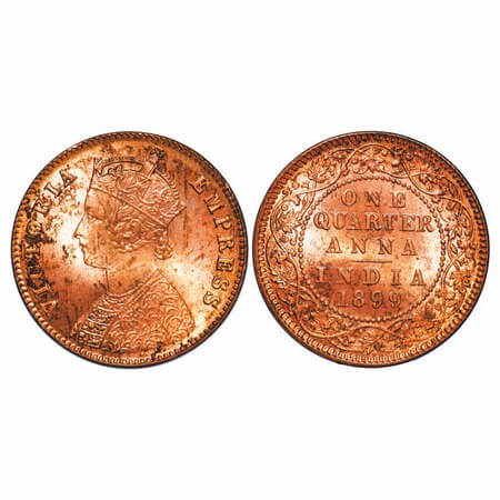 Victoria Empress, Copper, Quarter Anna, 1899, Calcutta Mint, B/II, No mint mark. F. Prid 6