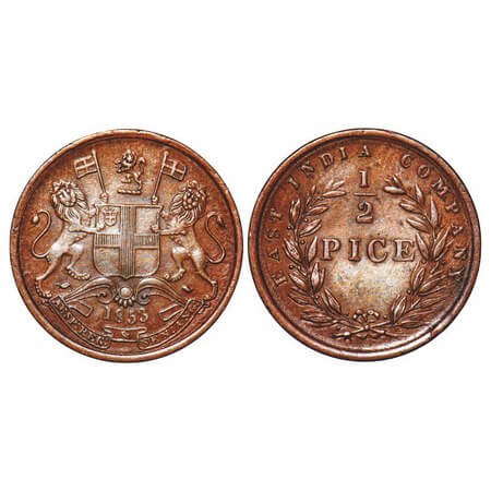 Victoria Queen, Copper, 1/2 Pice, 1853, Calcutta Mint, B/I, Elongated beads around year nu