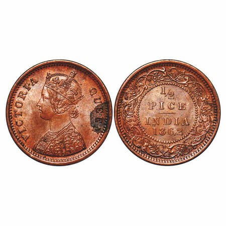 Victoria Queen, Copper, 1/2 Pice, 1862, Calcutta Mint, A/I. F. Prid 710. GK 401. Uncircula