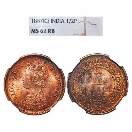 Victoria Empress, Copper, 1/2 Pice, 1887, Calcutta Mint, A/I, No mint mark. F. Prid 719. G