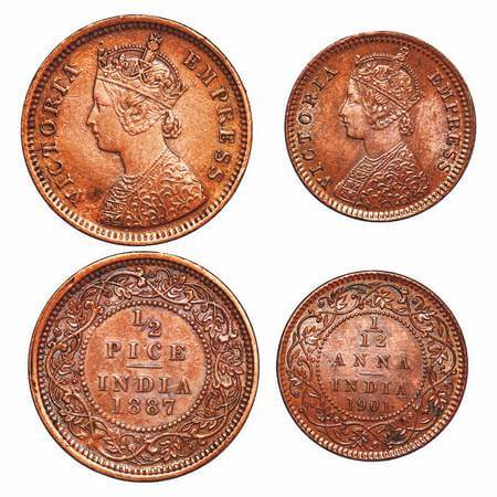 Victoria Empress, Copper, (2 coins), 1) 1/2 Pice 1887, Calcutta Mint, A/I, No mint mark, 2