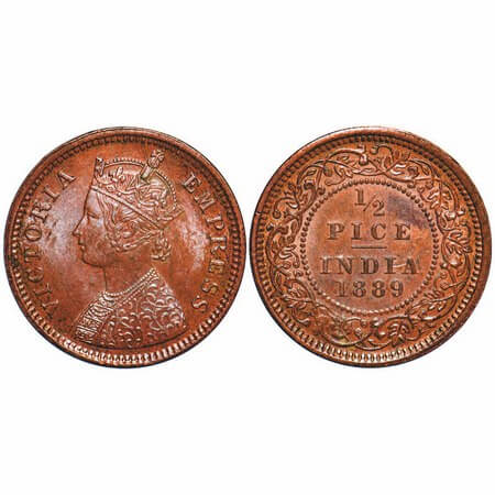 Victoria Empress, Copper, 1/2 Pice, 1889, Calcutta Mint, A/I, No mint mark, Ghost on Rev.