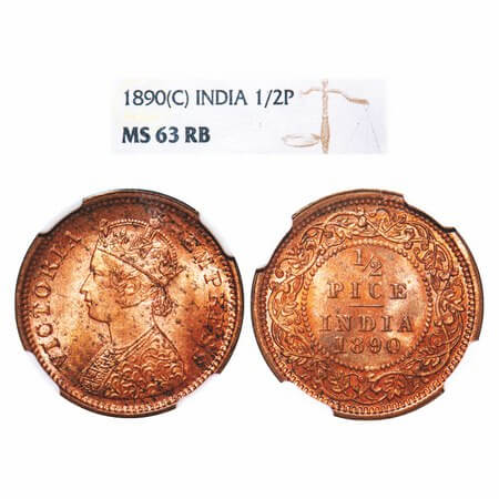 Victoria Empress, Copper, 1/2 Pice, 1890, Calcutta Mint, A/I, No mint mark. F. Prid 722. G