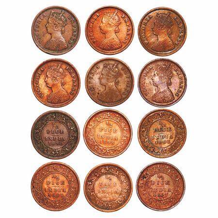 Victoria Empress, Copper, 1/2 Pice, (lot of 6 coins), 1890, 1894, 1897, 1898, 1901(2), Cal