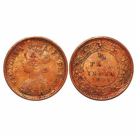 Victoria Empress, Copper, 1/2 Pice, 1894, Calcutta Mint, A/I, No mint mark, Die cracks and