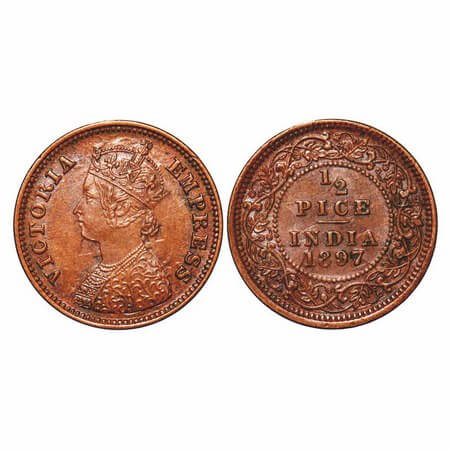Victoria Empress, Copper, 1/2 Pice, 1897, Calcutta Mint, A/I, No mint mark, Ghost on Rev, 