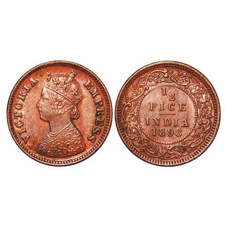 Victoria Empress, Copper, 1/2 Pice, 1898, Calcutta Mint, A/I, No mint mark. F. Prid 731. G